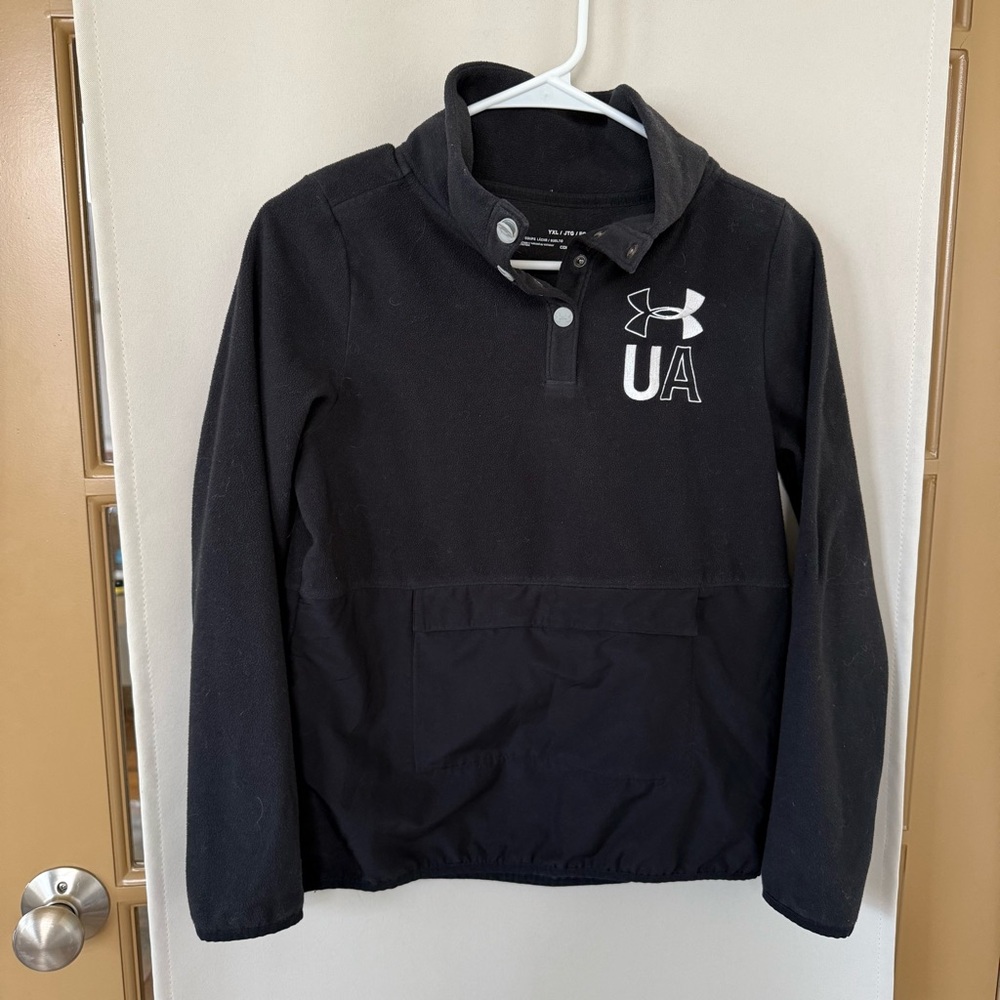 Under Armour Boys‎ XL Black White Logo Snap Up Fleece Pullover Pocket